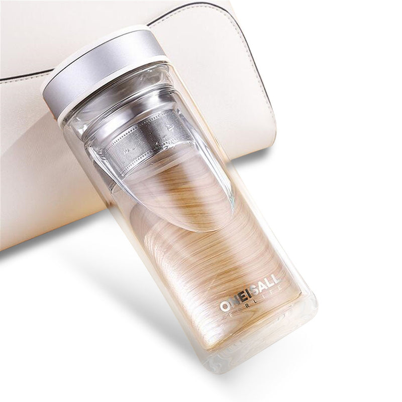 Large Capacity Glass Water Bottle Double Walled Travel Mug Portable Convenient Cup with Tea Infuser