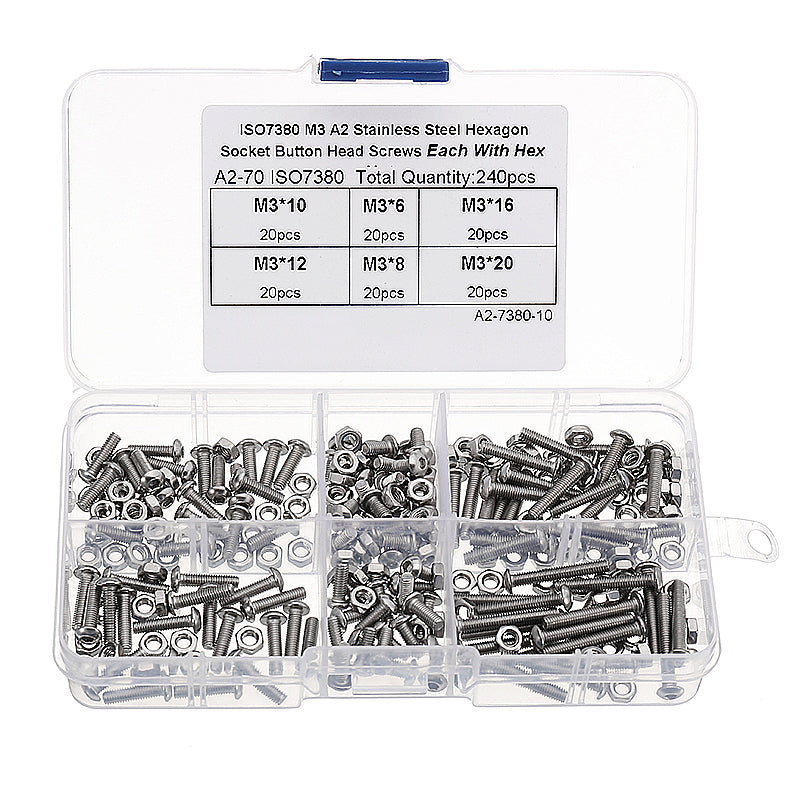 Suleve M3SH2 M3 Stainless Steel Hex Socket Button Head Cap Screw Bolts Nuts Assortment 240pcs