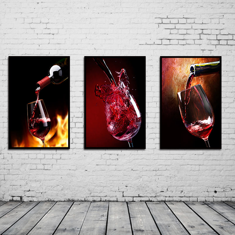 Miico Hand Painted Three Combination Decorative Paintings Red W-ine Glass Wall Art For Home Decoration