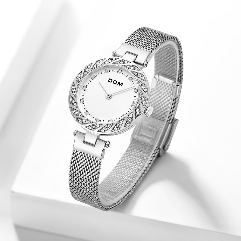 DOM G-1279 Crystal Casual Style Ladies Wrist Watch Mesh Steel Band Quartz Watch