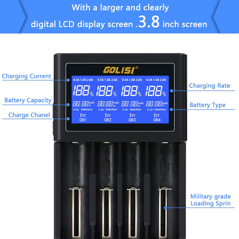 GOLISI i4 LCD Screen Display USB Charging Intelligent 2A Fast Battery Charger Li-ion NIMH Batteries