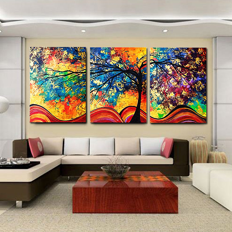 Miico Hand Painted Three Combination Decorative Paintings Money Tree Wall Art For Home Decoration