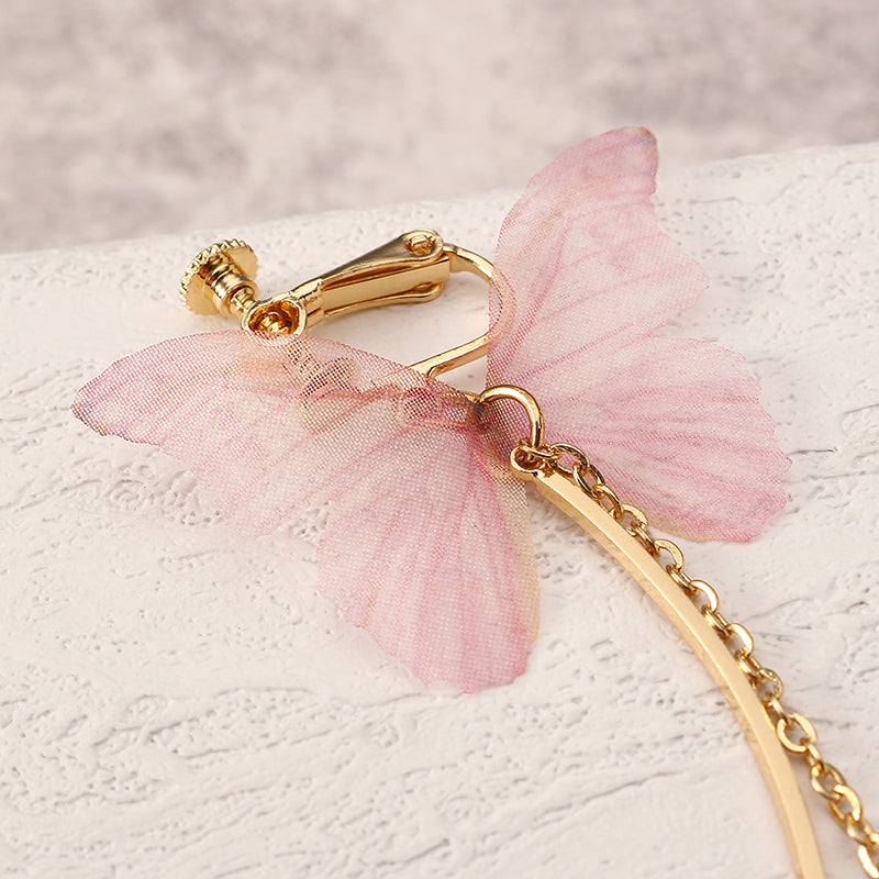 Sweet Pink Butterfly Arc Line Tassel Pendant Ear Clip Drop Earrings Fashion Jewelry for Women