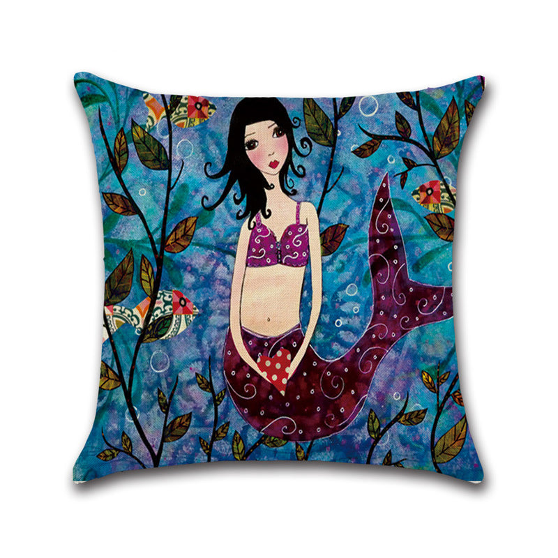 Mermaid Printed Cotton Linen Cushion Cover Square Home Decor Soft Comfortable Pillow Case