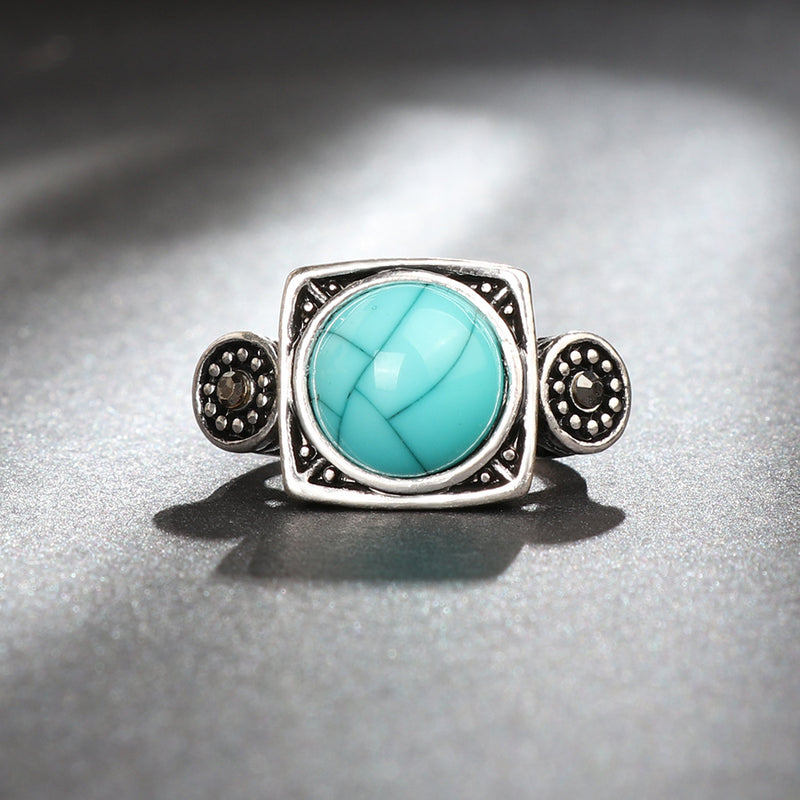 Fashion Blue Turquoise Crystal Finger Ring Geometric Antique Silver Rings Ethnic Jewelry