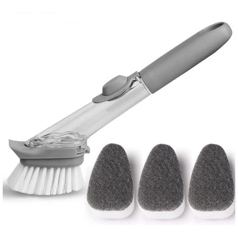 Automatic Liquid-filled Sponge Dishwashing Cleaning Brush Handle Pot + 3 Brush Head