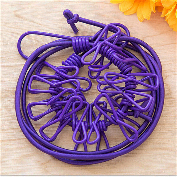 Portable Retractable Clothesline Windproof Stretch Drying Rack 12 Clips Iron-Wire PP Clothesline