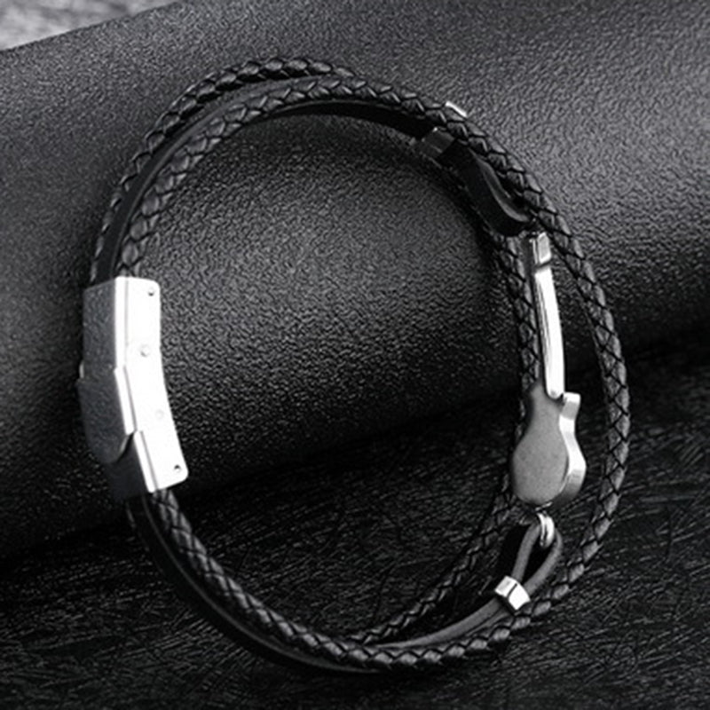 Creative Mini Guitar Men's Leather Multilayer Braided Titanium Steel Bracelet