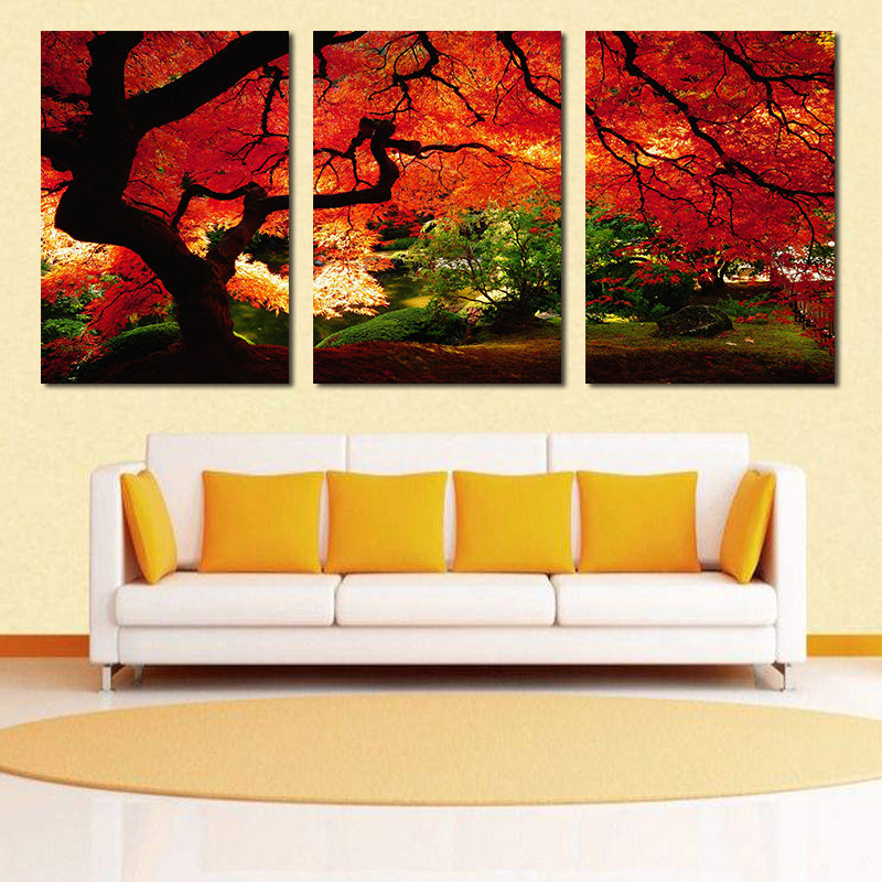Miico Hand Painted Three Combination Decorative Paintings Maple Tree Wall Art For Home Decoration