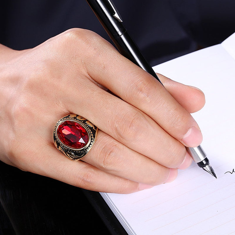 Trendy Red Glass Titanium Steel Ring Gold Plated Ball Ring for Men Women