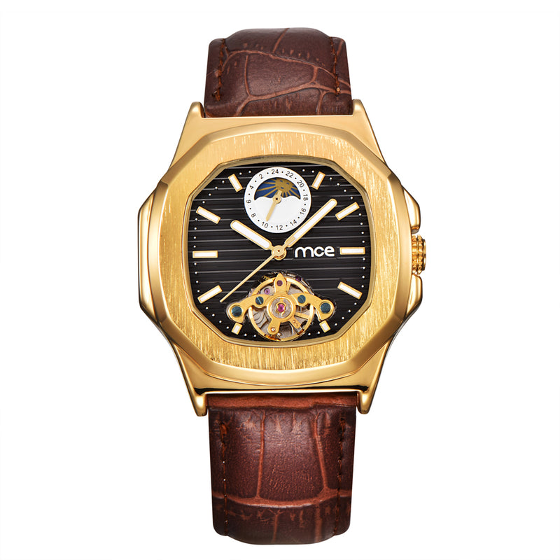 Gold Case Men Watch Moon Phase Business Style Leather Strap Automatic Mechanical Watch