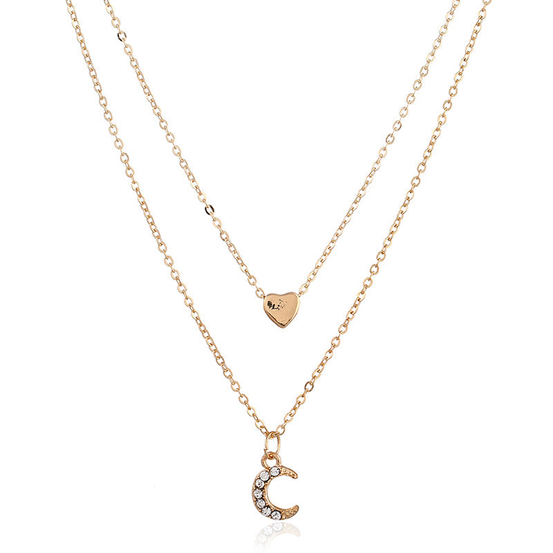 Trendy Multi-layer Necklace Gold Moon Peach Heart Pendant Chain Charm Necklace Retro Jewelry