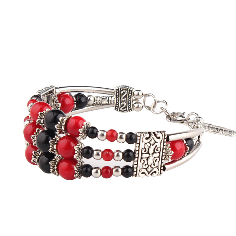 Bohemian Tibetan Silver Leaf Pendant Ethnic Multicolor Beads Women Bracelet Bangle