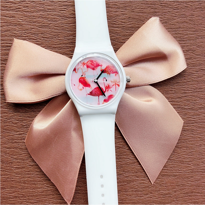 DF-0308 Flamingo Ladies Wrist Watch Silicone Strap Quartz Movement Watch