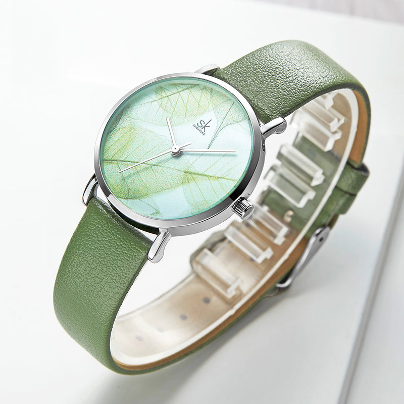SHENGKE SK K0108 Spring Jade Green Calm Brown Leaf Dial Fashion Leather Strap Women Quartz Watch