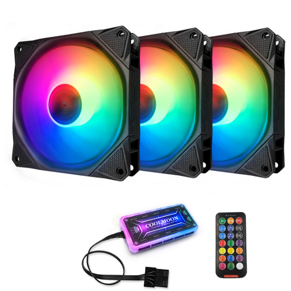 Coolmoon 30000Hrs 3PCS 120mm RGB Adjustable PC Fans 12 Monochromatic Lights CPU Cooling Fan with the Remote Control