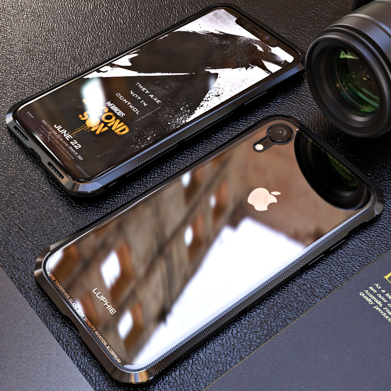 Luphie Protective Case For iPhone XR Metal Bumper+9H Clear Tempered Glass Back Shell