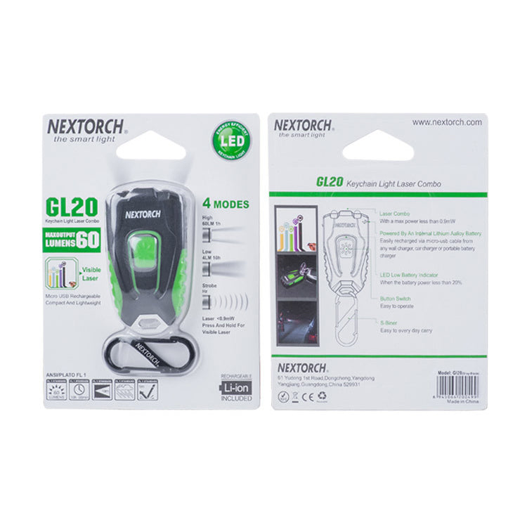 NEXTORCH GL20 60LM USB Rechargeable LED Keychain Light  260 Wide Angle EDC Flashlight Mini Laser Whip