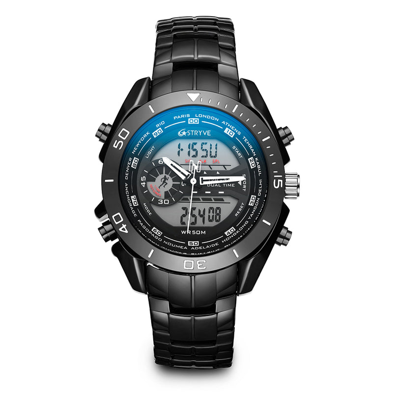 STRYVE S8019 Men Luminoud Display Alarm Clock Chronograph Sport Steel Strap Dual Display Digital Watch