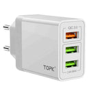TOPK 30W 3 USB Ports Wall Charger EU Adapter For iPhone X XS HUAWEI P30 Mate20 XIAOMI MI9 S10 S10+