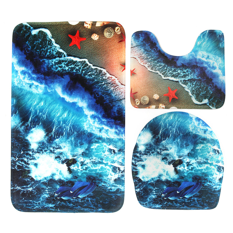 Flannel Mat Set Toilet Cover Set Non Slip Bathroom Underwater World Carpet Rug Floor Mat