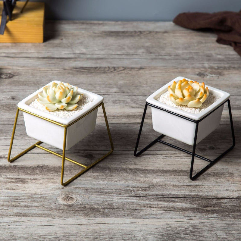 Ceramic Plant Flower Pot Metal Holder Set Geometric Planter Chic Indoor Garden Display Decorations