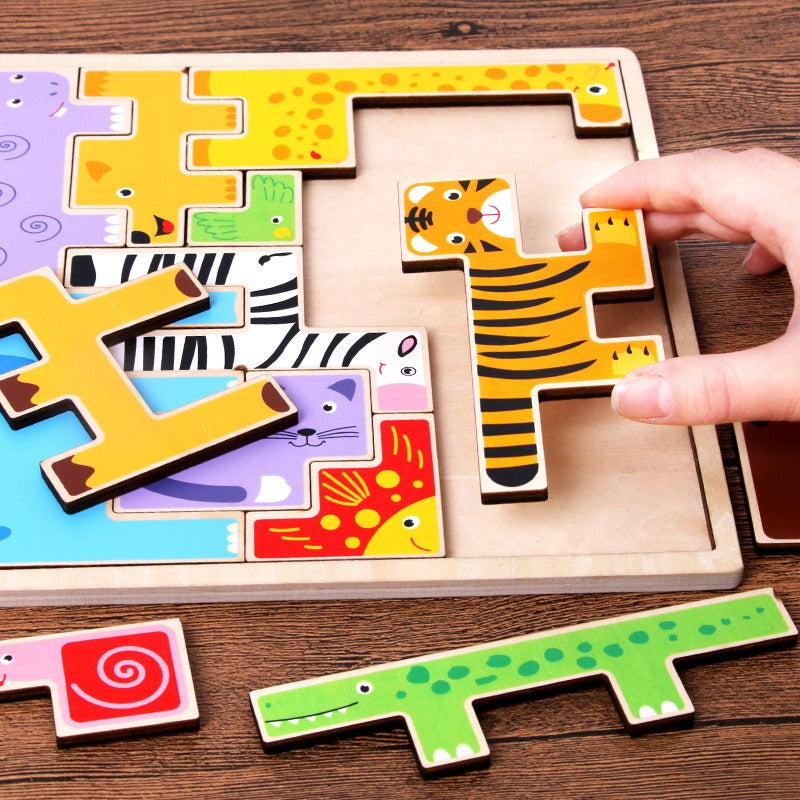3D Puzzle Game Toy Tetris Wood Animal Jigsaw Puzzle Intellectual 3D Jigsaw Board for Boys Girls Early Education Learning