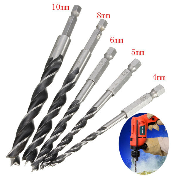 5pcs 4-10mm Hex Shank Wood Working Auger Drill Bit Four Slot Four Blade Bore Hole Twist Drill