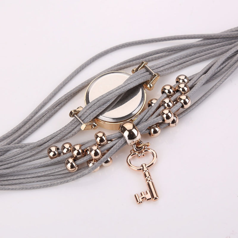 Gold Case Colorful Leather Beading Strap Ladies Dress Women Bracelet Wristband Quartz Watch