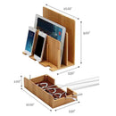 Natural Bamboo Multi- Device Desktop Organizer Cord Organizer Stand Mounts Dock Holder Charging Station for Smart Phones, Tablets and Laptops