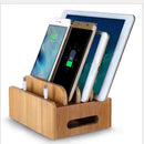 Cord Organizer, 4 Slots Bamboo Stand Multi-device Desktop Cords Organizer Dock Charging Station Holder with Built-in Insert Slots for Smartphones, Tablets and Laptops