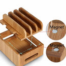 Cord Organizer, 4 Slots Bamboo Stand Multi-device Desktop Cords Organizer Dock Charging Station Holder with Built-in Insert Slots for Smartphones, Tablets and Laptops