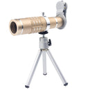 Universal 18X Zoom Phone Telephoto Camera Lens and Mini Tripod , Metal Clip for iPhone 5 6 7 8 Plus HTC Photography Accessory Gold