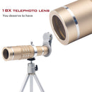 Universal 18X Zoom Phone Telephoto Camera Lens and Mini Tripod , Metal Clip for iPhone 5 6 7 8 Plus HTC Photography Accessory Gold