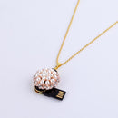 Luxury Jewelry Bling Pearl Flower USB 2.0 Flash Drive Thumb Pen Drive & Gold Necklace 128GB