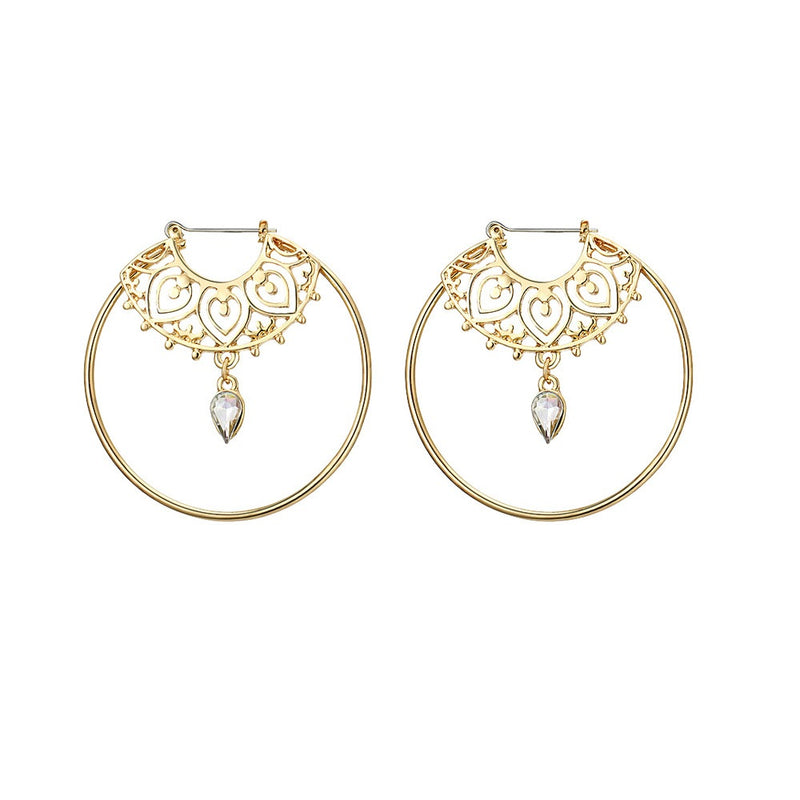 Retro Hallow Big Round Ear Drop Earring Rhinestone Gold Earring For Women