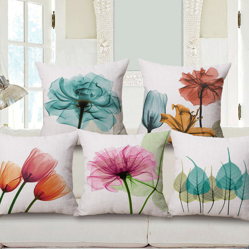 Ink Painting Flowers Cotton Linen Pillow Case Tulips Sofa Cushion Cover 45x45cm