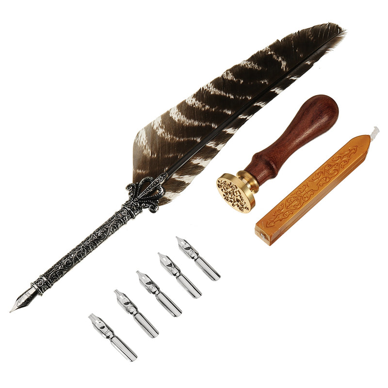 1 Set Antique Feather Quill Dip Pen Writing Ink Fountain Pen Set With 5 Replacement Nibs Box Gift