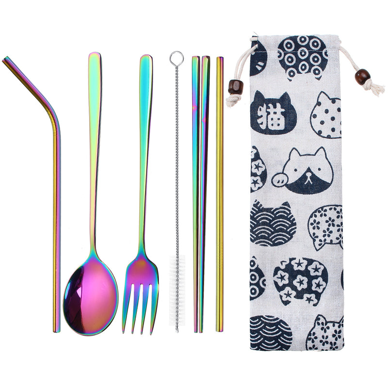 5 Pieces Portable Spoon Chopsticks Set Reusable Stainless Steel Spoon Chopsticks Straw Set