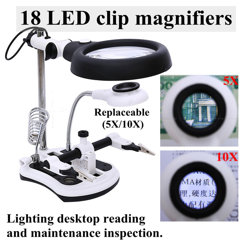 10X Soldering Magnifier Desk Lamp Repair Clamp Desktop Magnifying Glasses with 18 LED Light