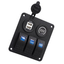 DC12V-24V 3 Gang Marine Blue LED Switch Panel+ Dual USB + Color Voltmeter