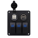 DC12V-24V 3 Gang Marine Blue LED Switch Panel+ Dual USB + Color Voltmeter