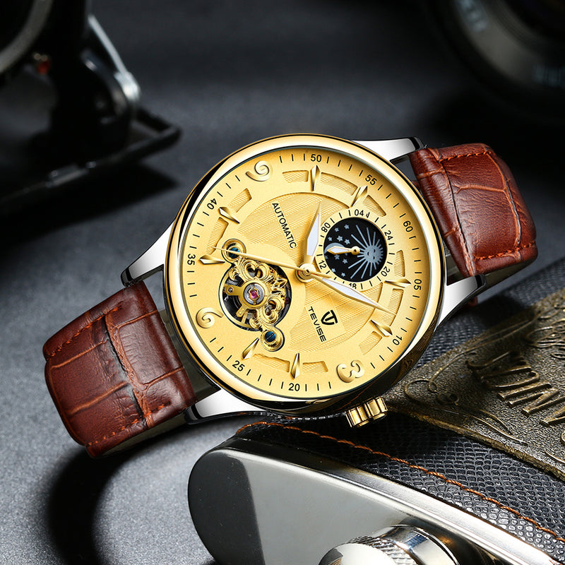 TEVISE T820B Casual Moon Phase Automatic Mechanical Watch Luxury Leather Strap Men Watch