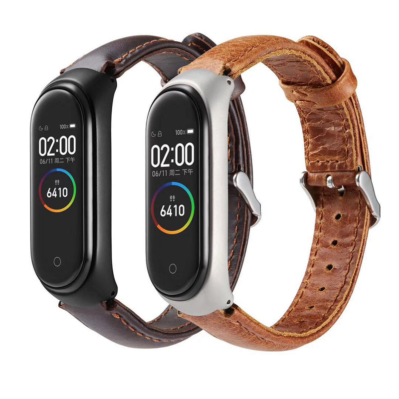 Solid Crazy Horse Pattern Leather Watch Band Watch Strap Replacement for Xiaomi Miband 4