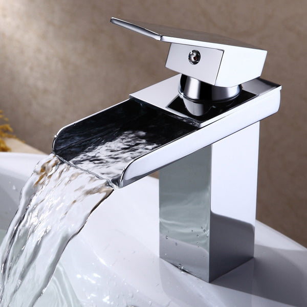 Chrome One Handle Waterfall Tap Bathroom Basin Sink Faucet Square Mixer Hot&Cold Tap