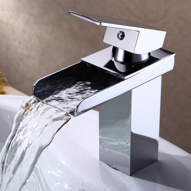 Chrome One Handle Waterfall Tap Bathroom Basin Sink Faucet Square Mixer Hot&Cold Tap