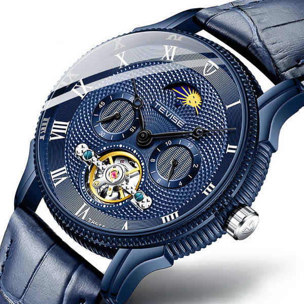 TEVISE T851A Moon Phase Automatic Mechanical Watch Roman Number Leather Band Men Watch