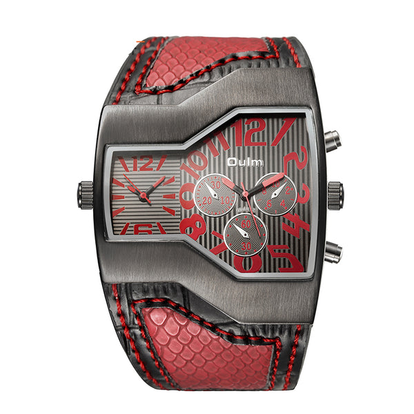 OULM 1220 Multi Time Zone Men Watch Decoration Dials Leather Strap Quartz Watch