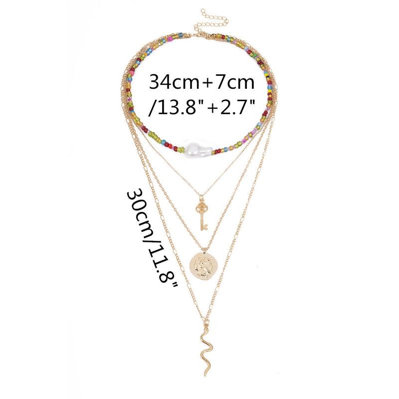 Trendy Geometric Key Snake Pendant Chain Necklace Multi-layer Color Rice Beaded Pearl Necklace