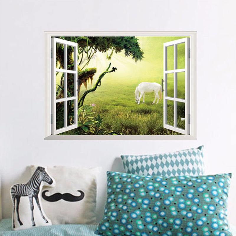 3D Grassland White Horse Scenery False Window PVC Decal Wall Sticker Muarl Home Room Decor